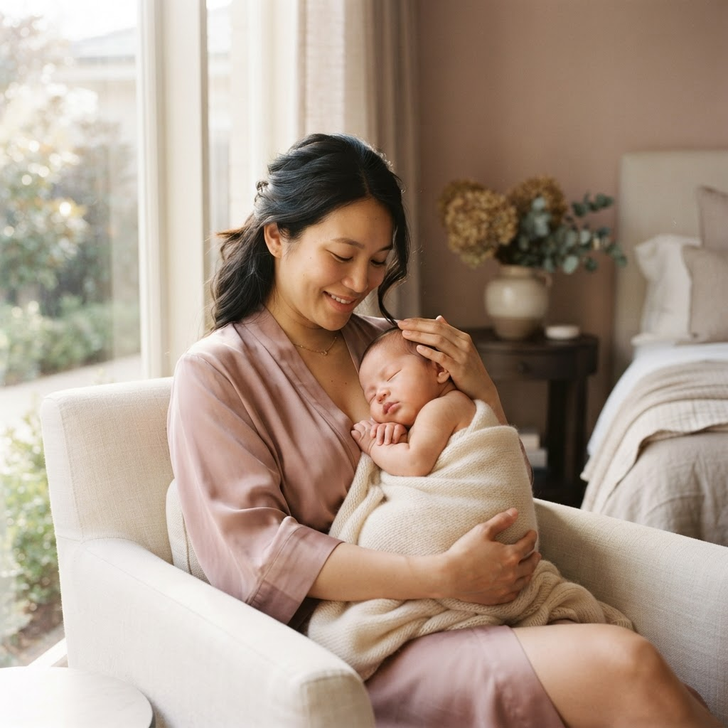 媽媽於柔和晨光中溫柔抱住熟睡嘅初生嬰兒(品牌氛圍圖)